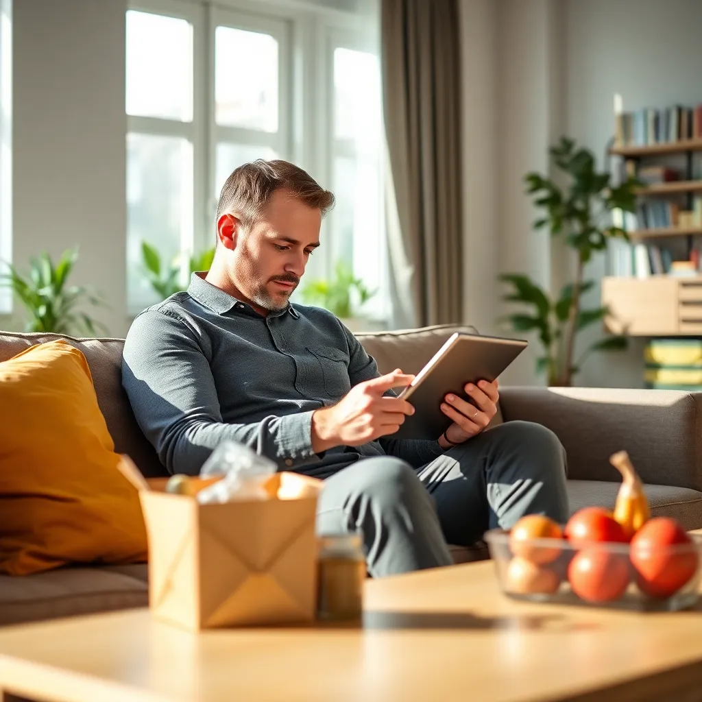 Man die prijzen vergelijkt tussen verschillende supermarkten op zijn tablet