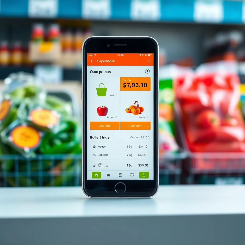 Boodschappentas met verse seizoensproducten en een smartphone met prijsvergelijking-app