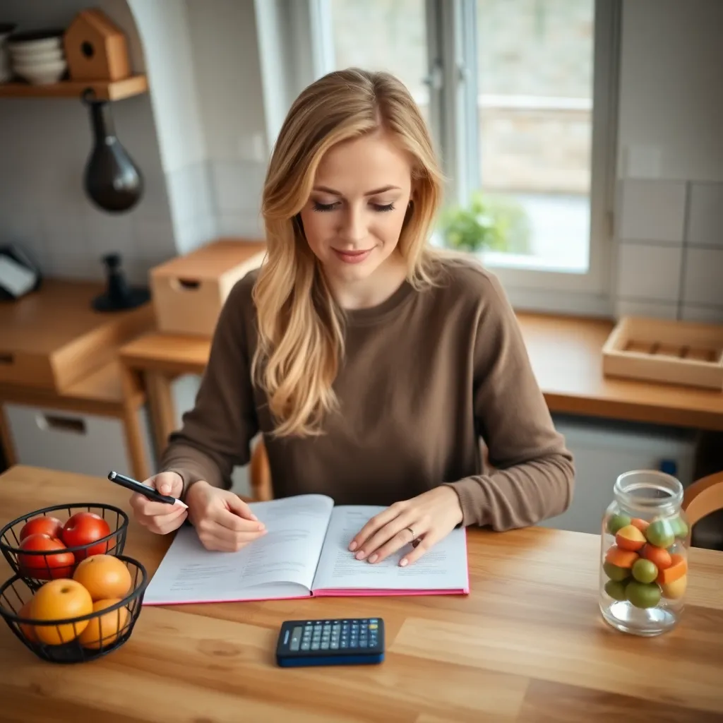 Vrouw die boodschappen doet met prijsvergelijkingsapp op smartphone