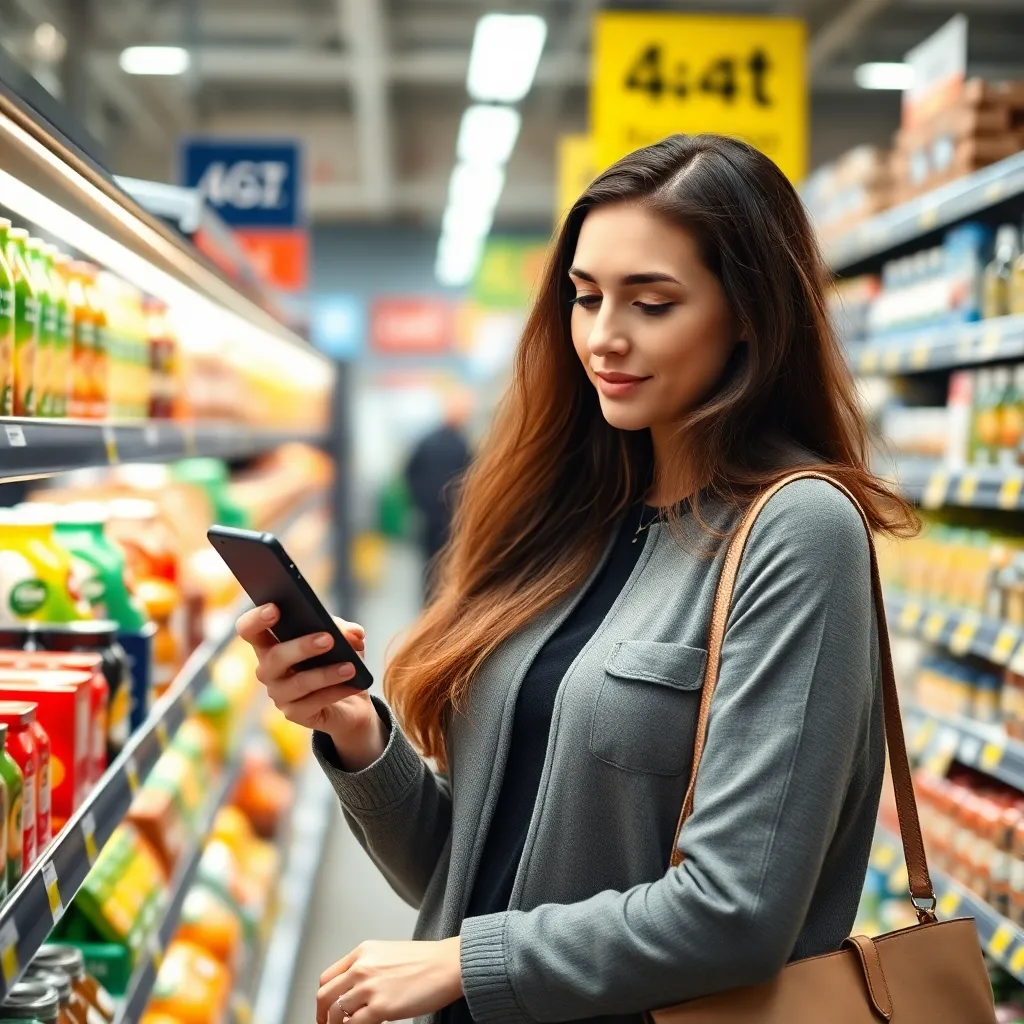 Vrouw die boodschappen doet met prijsvergelijkingsapp op smartphone