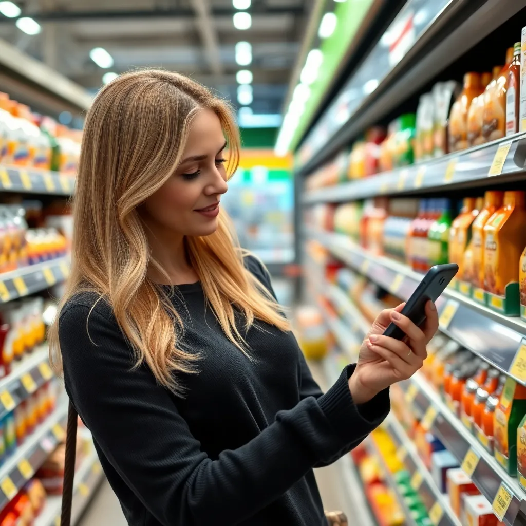 Vrouw gebruikt prijsvergelijking app in supermarkt